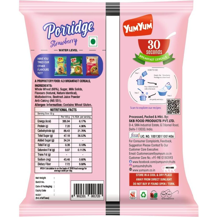 YUM YUM Instant Strawberry Porridge 192g / Rich in Fiber/Fat Free/Breakfast Cereals for Adults & Kids (Pack of 6-32g Each Sachets)
