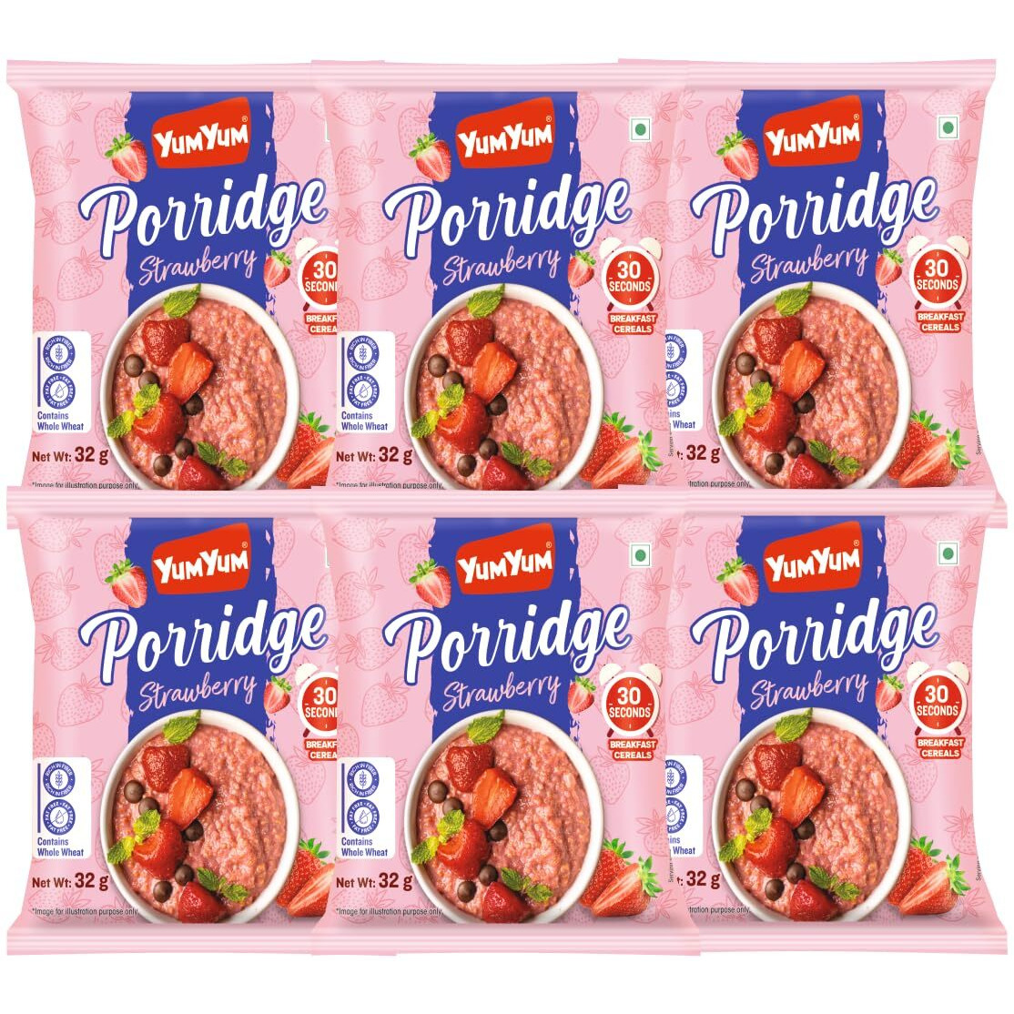 YUM YUM Instant Strawberry Porridge 192g / Rich in Fiber/Fat Free/Breakfast Cereals for Adults & Kids (Pack of 6-32g Each Sachets)