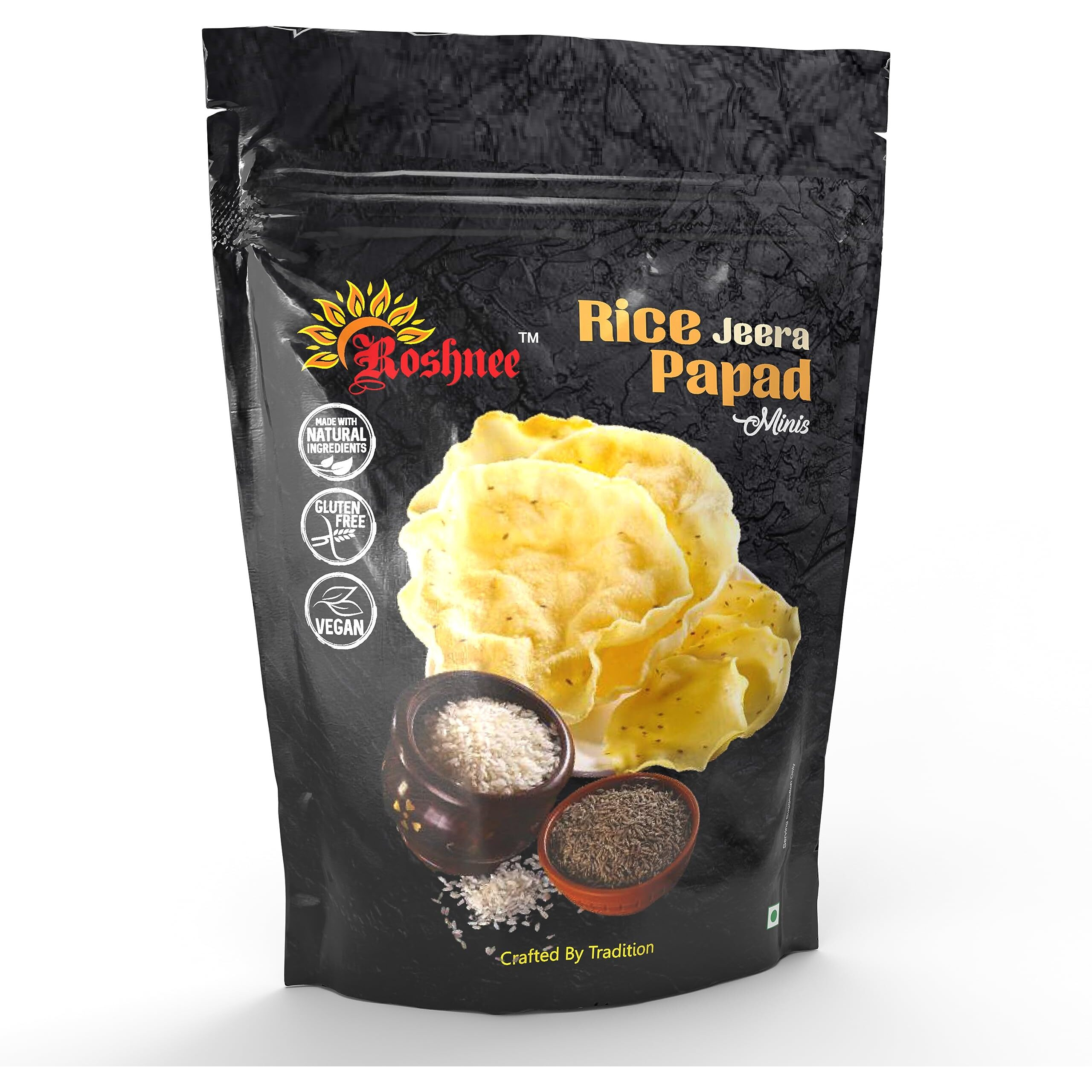 Roshnee Rice Papads (Rice Jeera) Pack of 1  80 gm, Pure Vegetarian Papad | No Artificial Flavours, Preservatives OR Artificial Colours | Gluten Free.