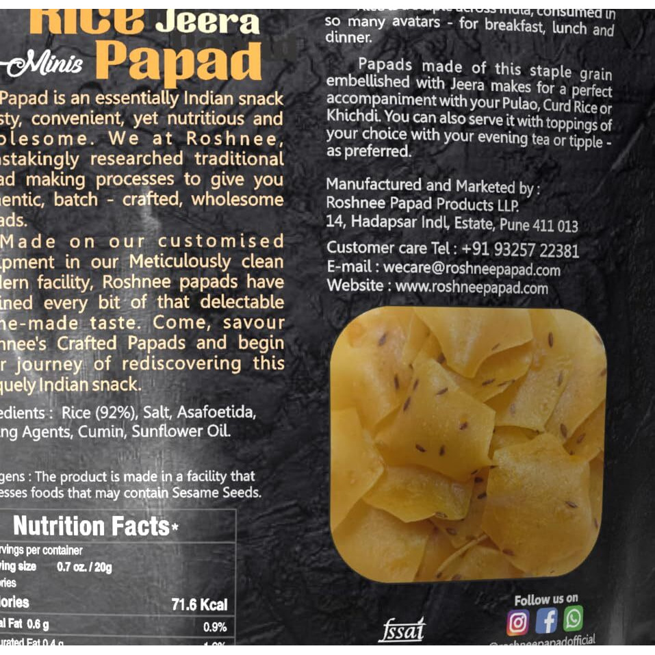 Roshnee Rice Papads (Rice Jeera) Pack of 1  80 gm, Pure Vegetarian Papad | No Artificial Flavours, Preservatives OR Artificial Colours | Gluten Free.