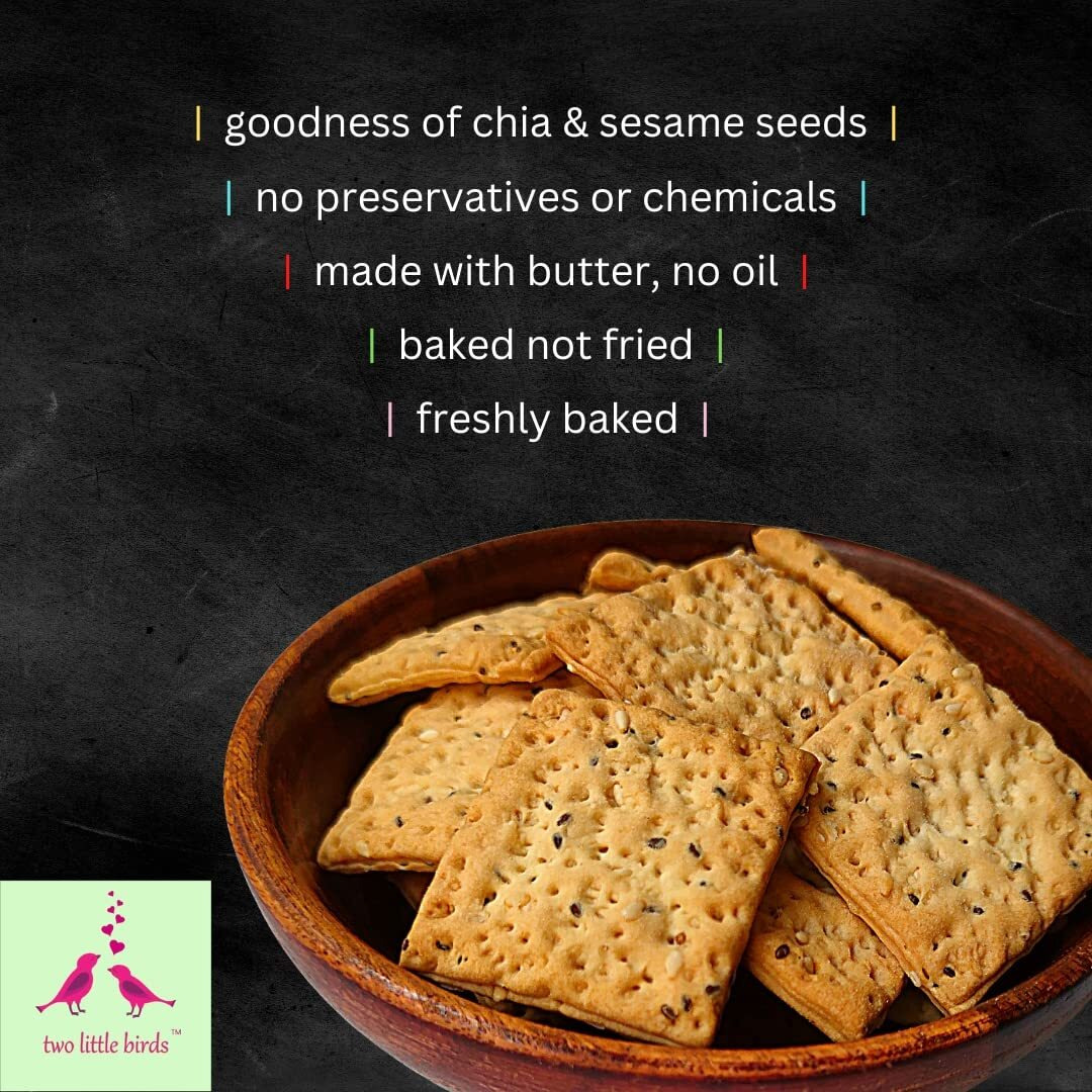 two little birds Chia & Sesame Seeds Crackers - Enriched with 2 Super Seeds| Baked Not Fried| Eggless, Handmade, Freshly Baked Snacks Chips| No Added Preservatives or Palm Oil| 120Grams (Pack of 1)