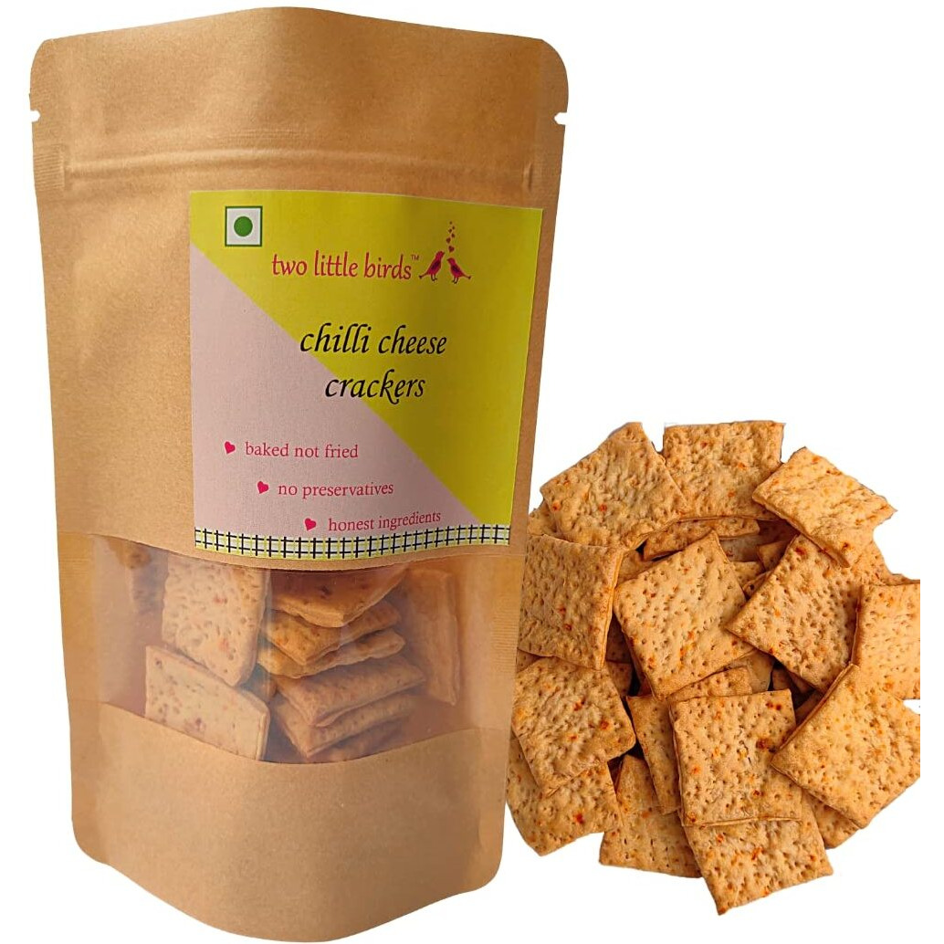 two little birds Chilli Cheese Crackers - Made with Kashmiri Chilli | Baked Not Fried | Eggless, Handmade, Freshly Baked Snacks Chips | No Added Preservatives or Palm Oil | 120 Grams (Pack of 1)
