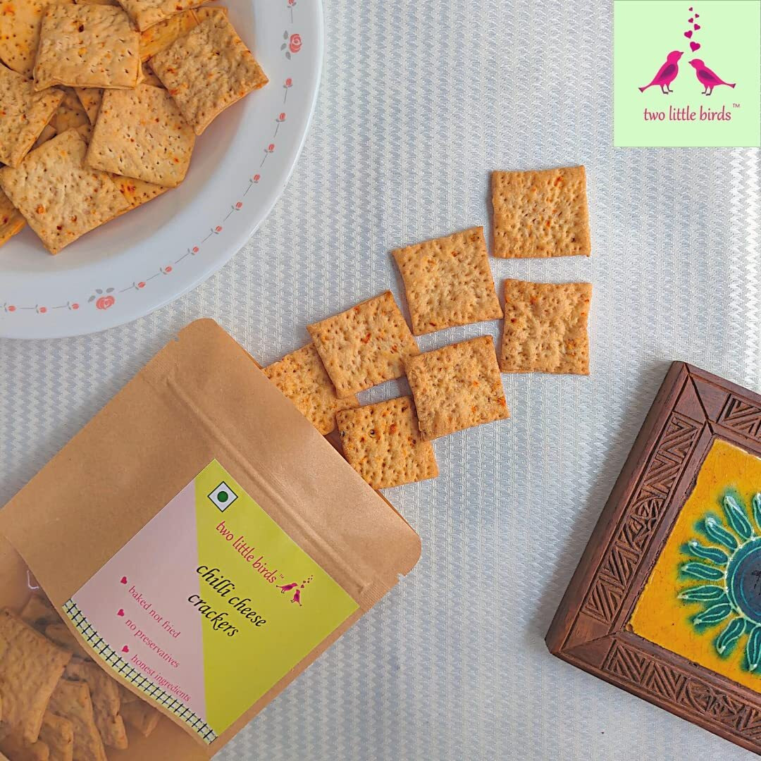 two little birds Chilli Cheese Crackers - Made with Kashmiri Chilli | Baked Not Fried | Eggless, Handmade, Freshly Baked Snacks Chips | No Added Preservatives or Palm Oil | 120 Grams (Pack of 1)