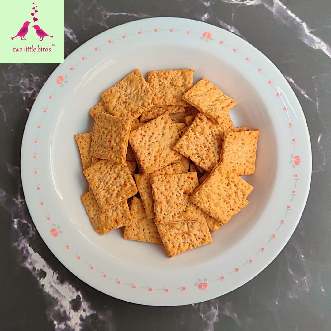 two little birds Chilli Cheese Crackers - Made with Kashmiri Chilli | Baked Not Fried | Eggless, Handmade, Freshly Baked Snacks Chips | No Added Preservatives or Palm Oil | 120 Grams (Pack of 1)