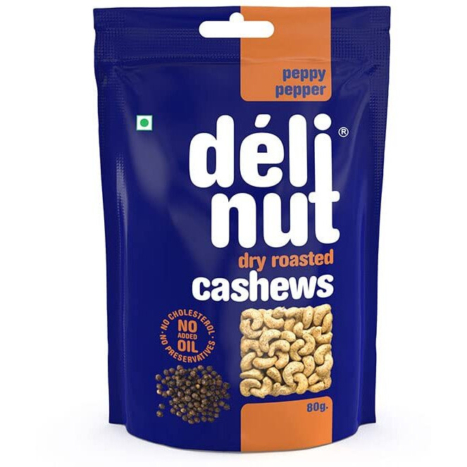 Delinut Dry Roasted Cashews | Plain and Flavoured Cashews (Pepper, 80 gm)