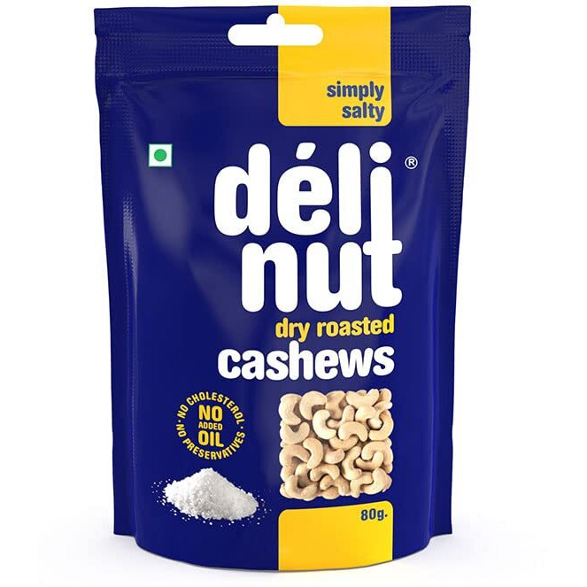 Delinut Dry Roasted Cashews | Plain and Flavoured Cashews (Salted, 80 gm)