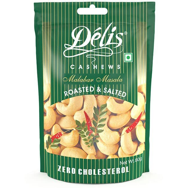 Delinut Dry Roasted Cashews | Plain and Flavoured Cashews (Malabar Masala, 80 gm)