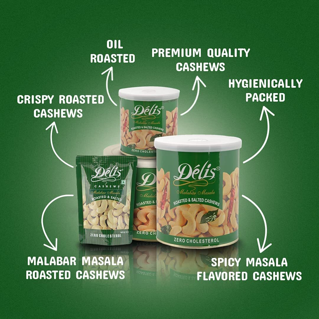 Delinut Dry Roasted Cashews | Plain and Flavoured Cashews (Malabar Masala, 80 gm)
