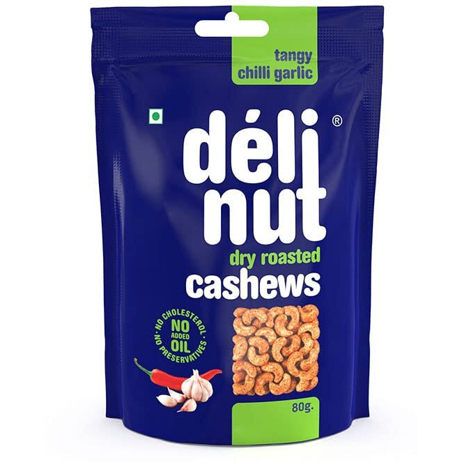 Delinut Dry Roasted Cashews | Plain and Flavoured Cashews (Chilli and Garlic, 80 gm)
