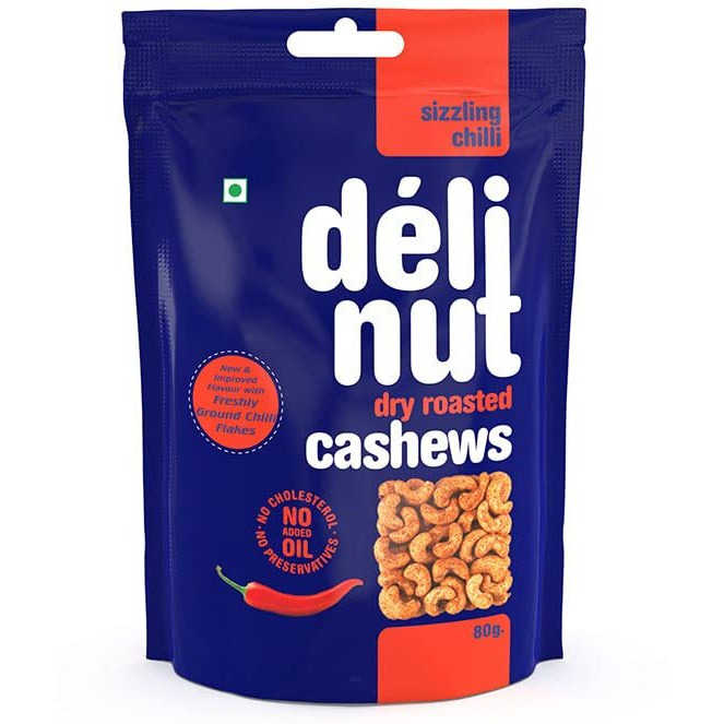 Delinut Dry Roasted Cashews | Plain and Flavoured Cashews (Chilli, 80 gm)