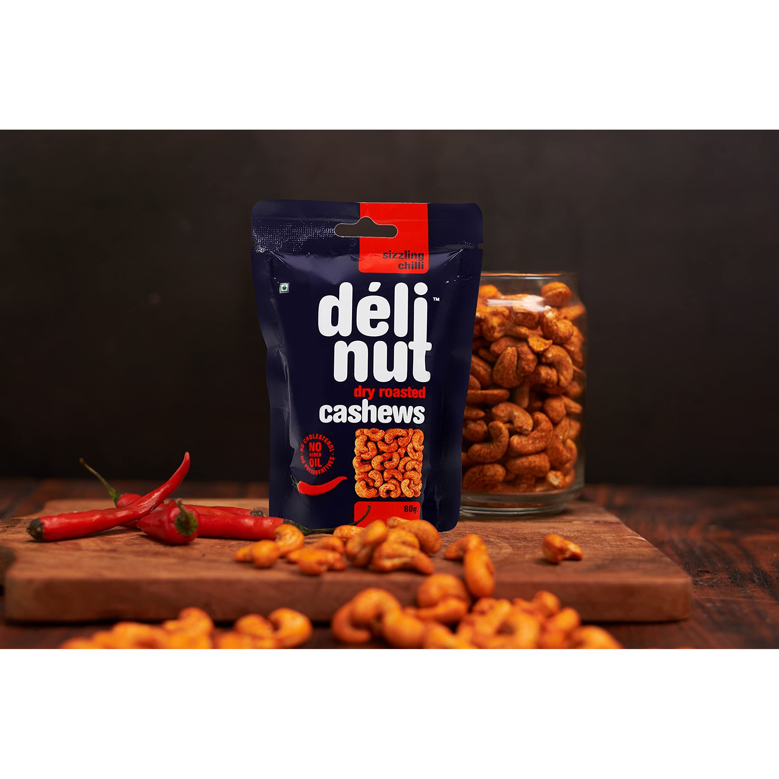 Delinut Dry Roasted Cashews | Plain and Flavoured Cashews (Chilli, 80 gm)