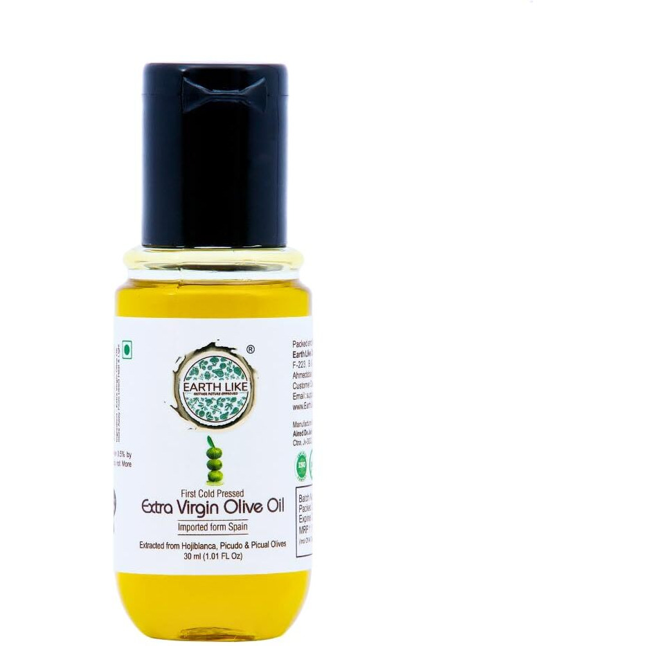 EARTH LIKE Extra Virgin Olive Oil (30 ml) Imported Premium Cold Pressed & Raw Edible Cooking Oil | Ideal for Skin & Hair Care, Baby Massage and Everday Healthy Cooking