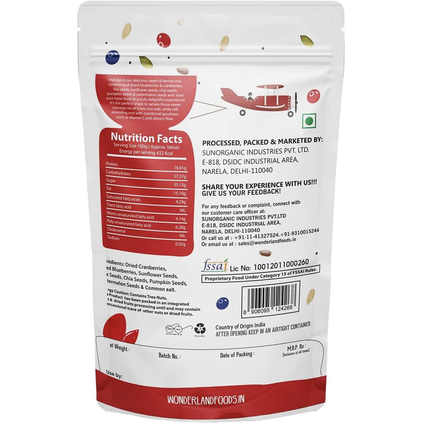 WONDERLAND FOODS (DEVICE) Roasted Seeds & Berries Mix 400g (200g X 2) Pouch | Dried Blueberries, Cranberries |Sunflower, Pumpkin, Watermelon, Chia & Flax Seeds| Immunit Booster | Healthy & Nutritious