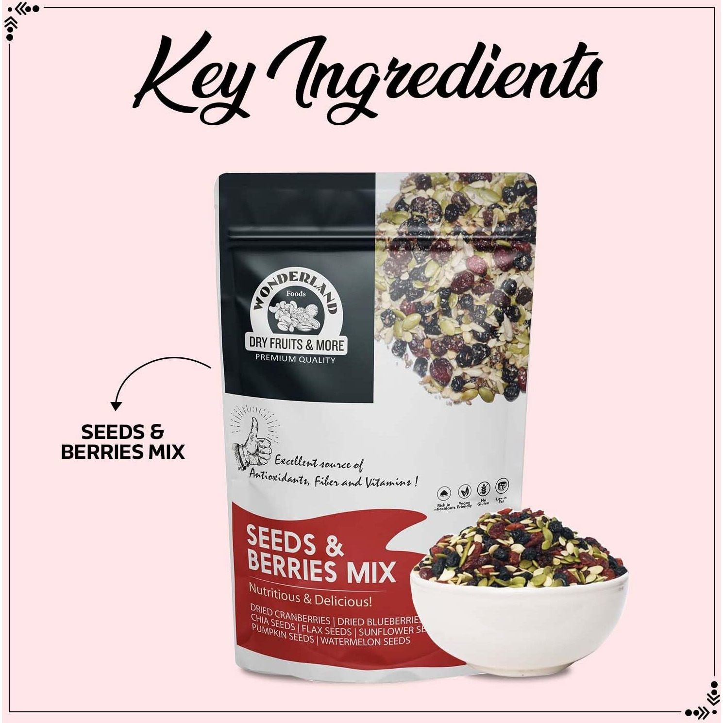 WONDERLAND FOODS (DEVICE) Roasted Seeds & Berries Mix 400g (200g X 2) Pouch | Dried Blueberries, Cranberries |Sunflower, Pumpkin, Watermelon, Chia & Flax Seeds| Immunit Booster | Healthy & Nutritious