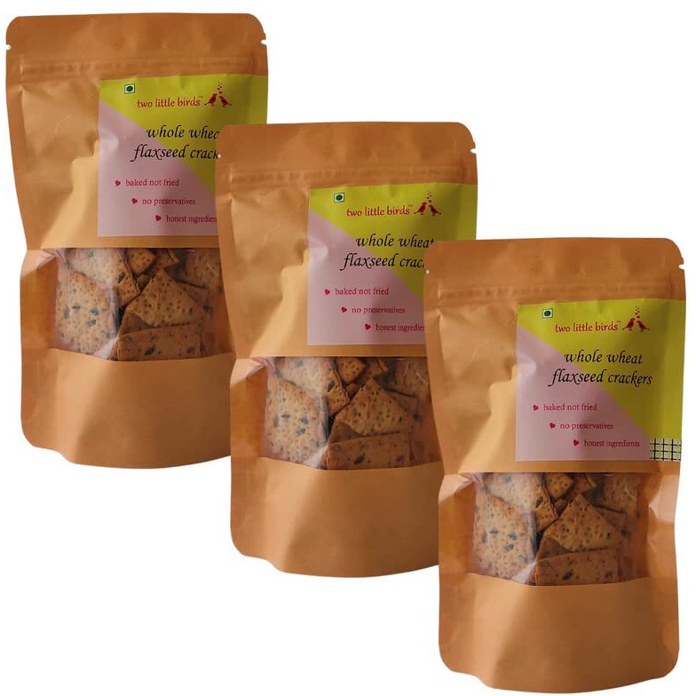 two little birds Whole Wheat Flaxseed Crackers - Made with Healthy Flaxseeds| Baked Not Fried, Eggless, Handmade, Freshly Baked Snacks Chips| No Preservatives, Maida or Palm Oil| 120Grams (Pack of 3)