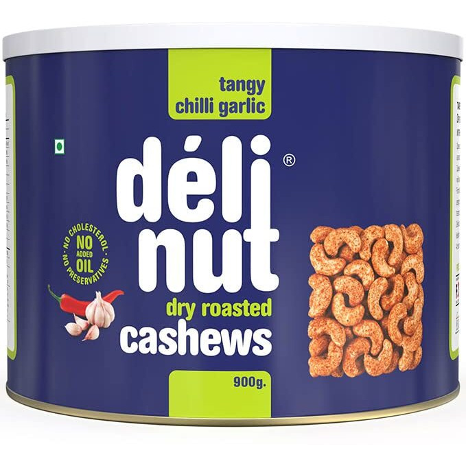Delinut Dry Roasted Cashews | Plain and Flavoured Cashews (Chilli and Garlic, 900 gm)