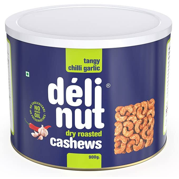 Delinut Dry Roasted Cashews | Plain and Flavoured Cashews (Chilli and Garlic, 900 gm)