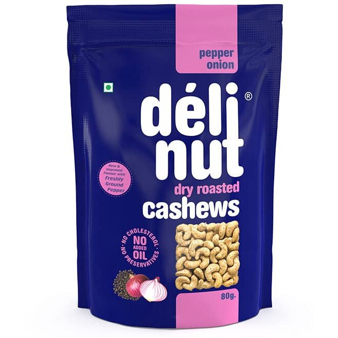 Delinut Dry Roasted Cashews | Plain and Flavoured Cashews (Pepper and Onion, 80 gm)
