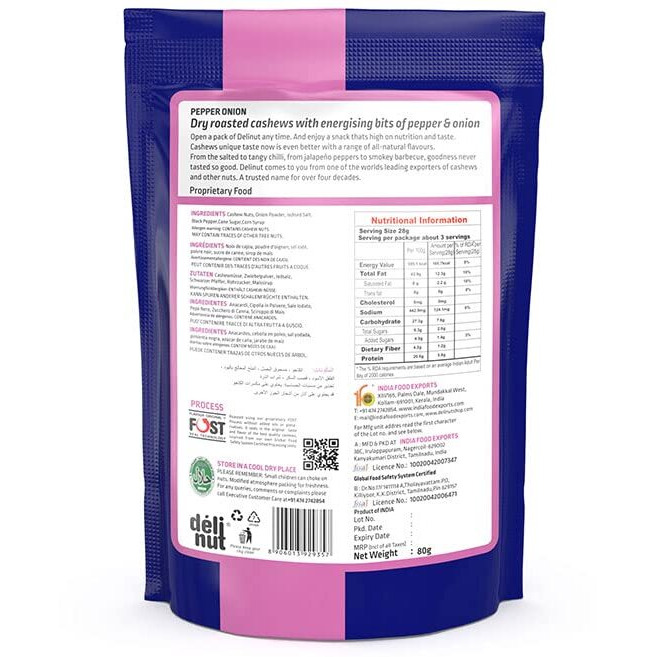 Delinut Dry Roasted Cashews | Plain and Flavoured Cashews (Pepper and Onion, 80 gm)