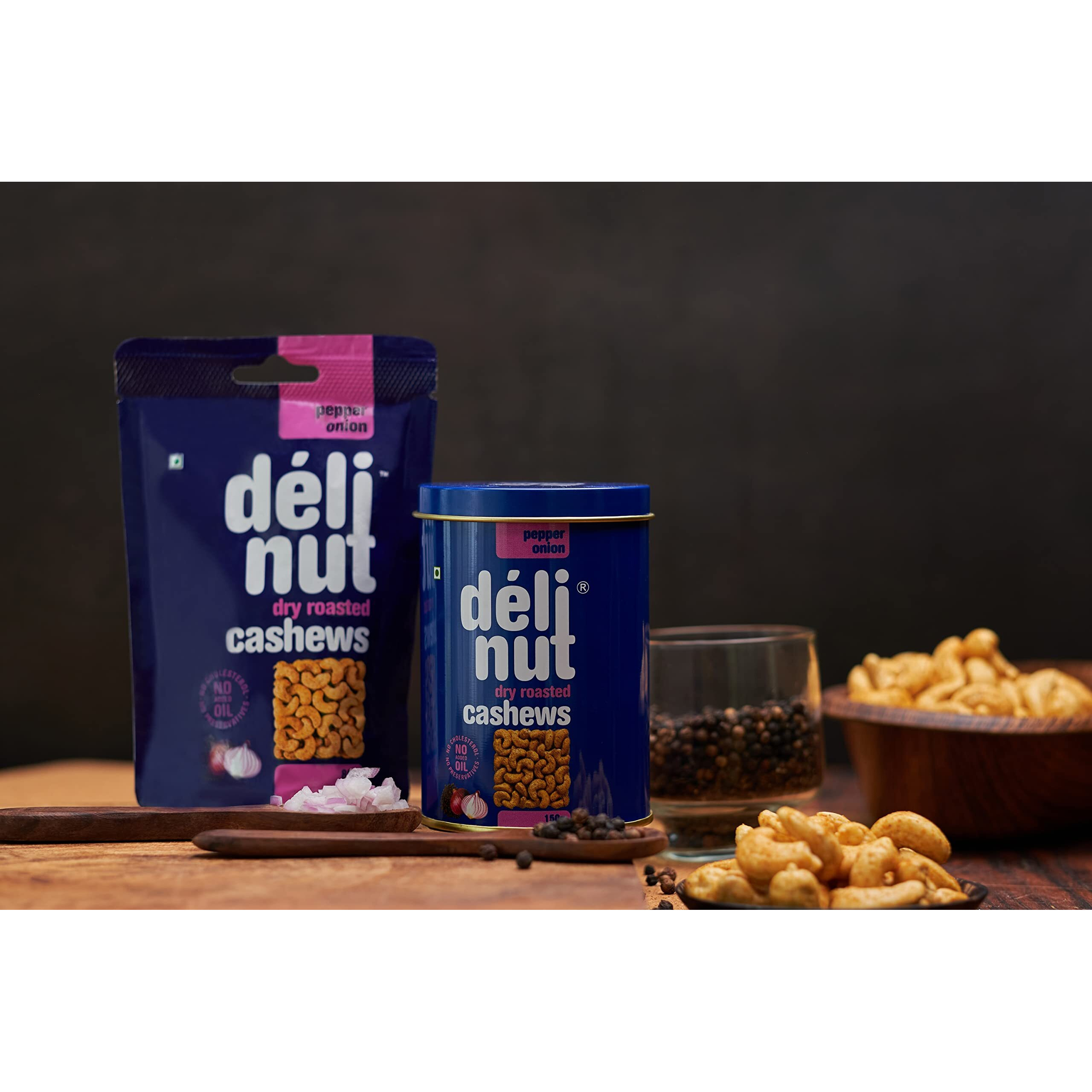 Delinut Dry Roasted Cashews | Plain and Flavoured Cashews (Pepper and Onion, 80 gm)