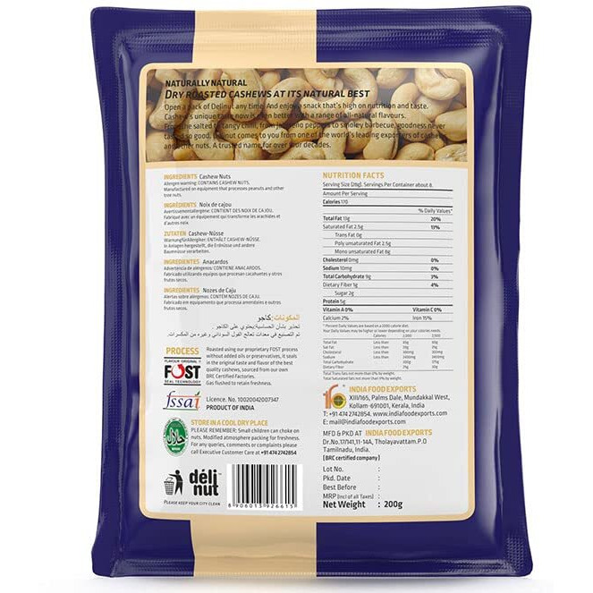 Delinut Dry Roasted Cashews | Plain and Flavoured Cashews (Plain, 200 gm)