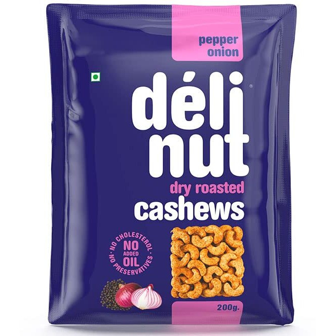 Delinut Dry Roasted Cashews | Plain and Flavoured Cashews (Pepper and Onion, 200 gm)