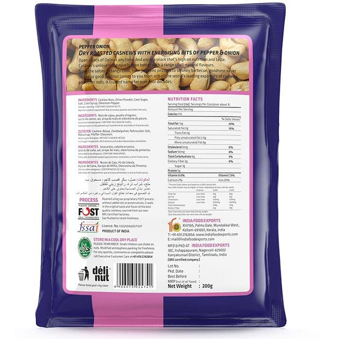 Delinut Dry Roasted Cashews | Plain and Flavoured Cashews (Pepper and Onion, 200 gm)