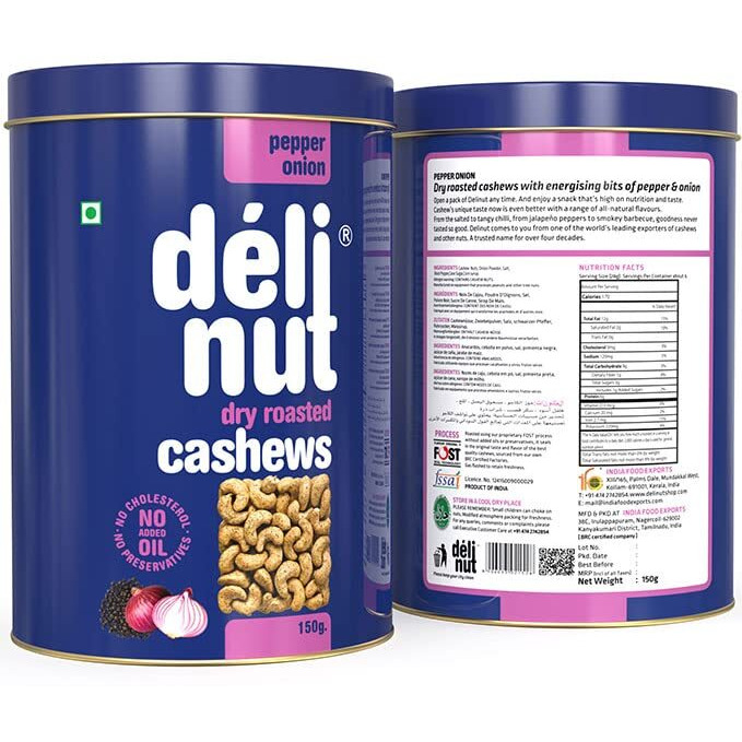 Delinut Dry Roasted Cashews | Plain and Flavoured Cashews (Pepper and Onion, 150 gm)