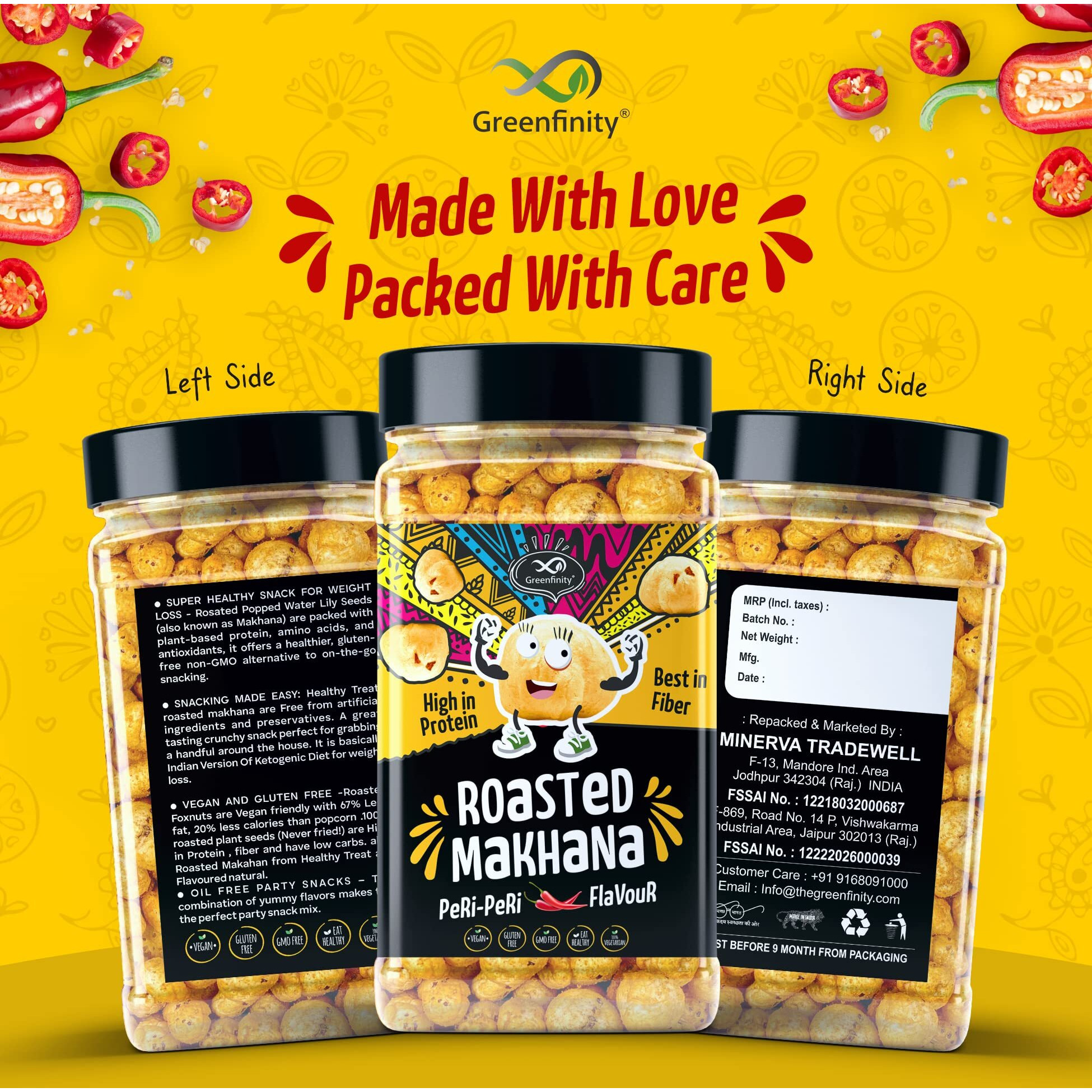 Greenfinity Peri Peri Roasted & Flavored Crunchy Healthy Phool Makhana Snacks Jar - 90 Gram