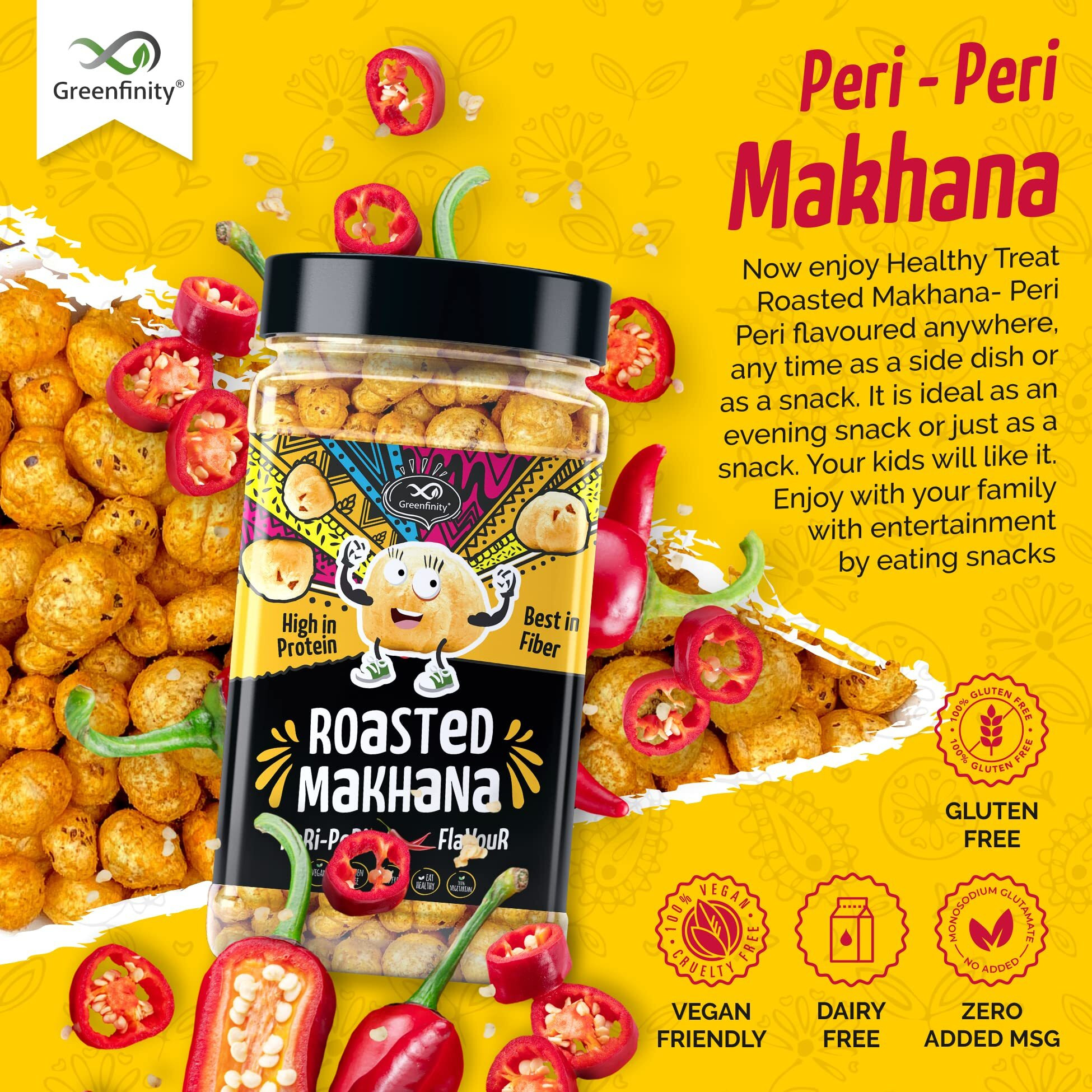 Greenfinity Peri Peri Roasted & Flavored Crunchy Healthy Phool Makhana Snacks Jar - 90 Gram