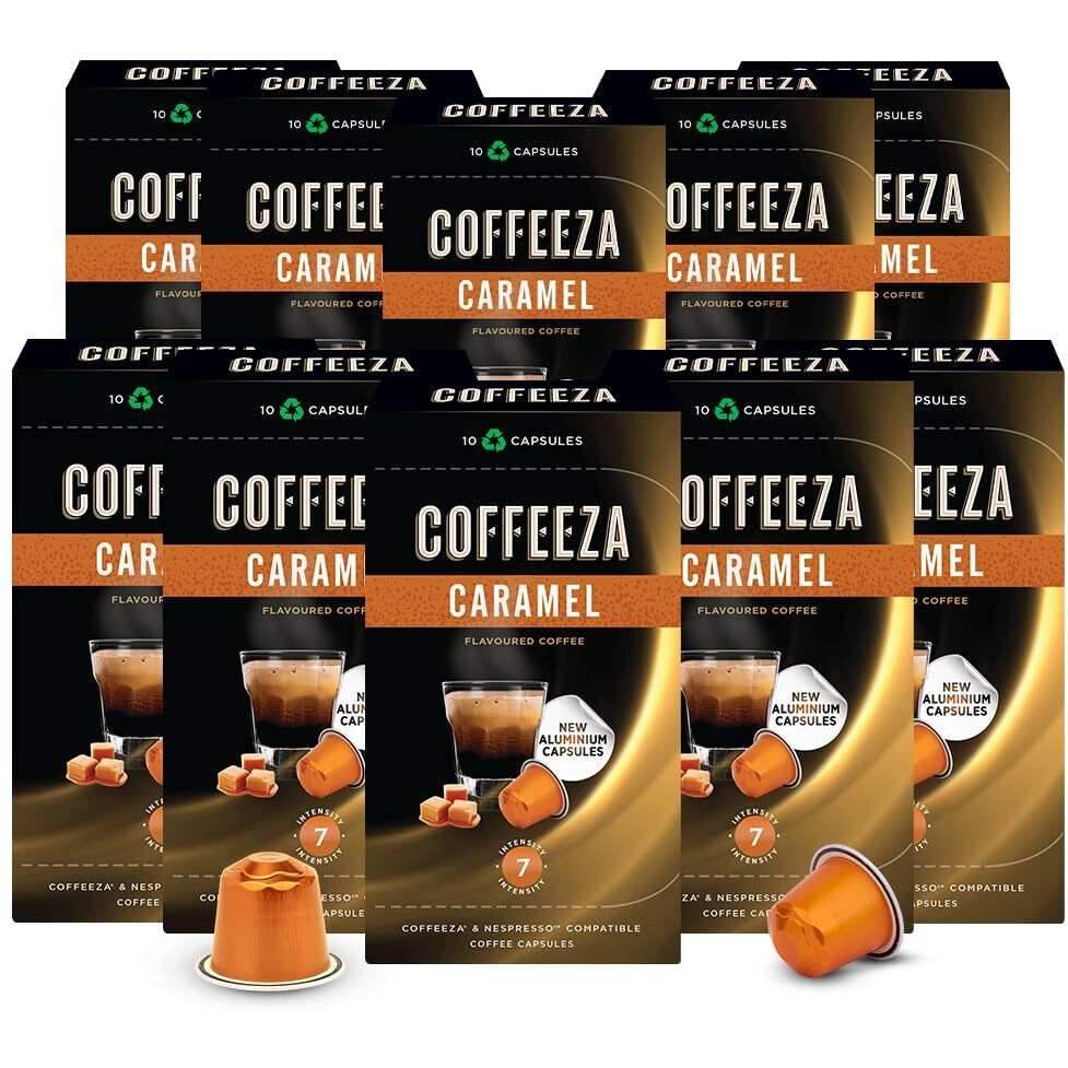 Coffeeza Caramel Flavoured Coffee Capsules, Intensity -7 | Aluminium Coffee Pods |100% Arabica Coffee | Box of 10 (100 Capsules)