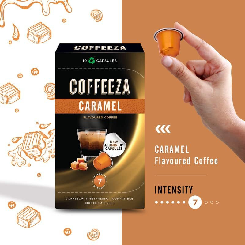 Coffeeza Caramel Flavoured Coffee Capsules, Intensity -7 | Aluminium Coffee Pods |100% Arabica Coffee | Box of 10 (100 Capsules)