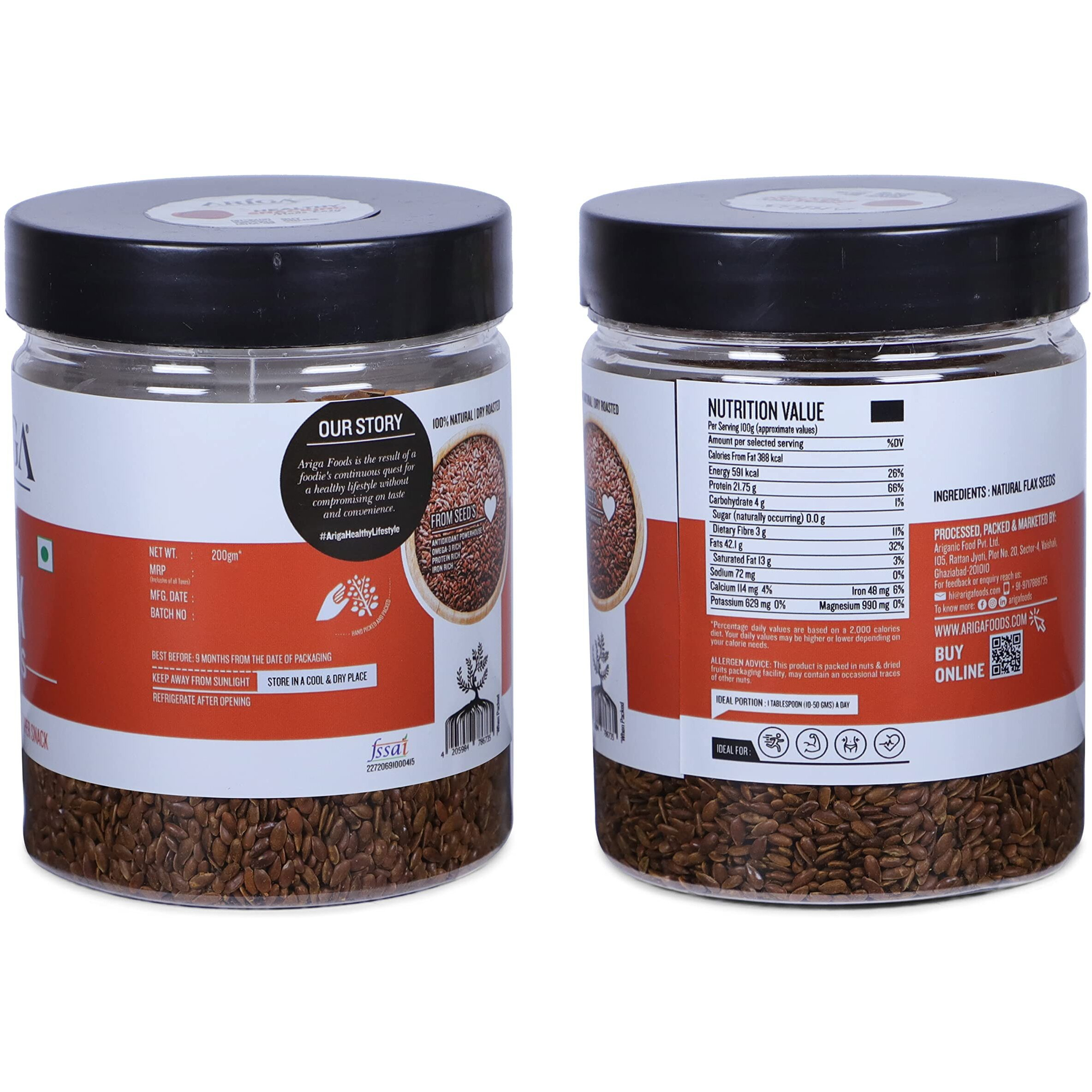Ariga Foods Premium Roasted Flax Seeds For Weight Management | Rich in Omega-3 Fatty Acids, Proteins, Fibers and Minerals | Pet Jar 200g