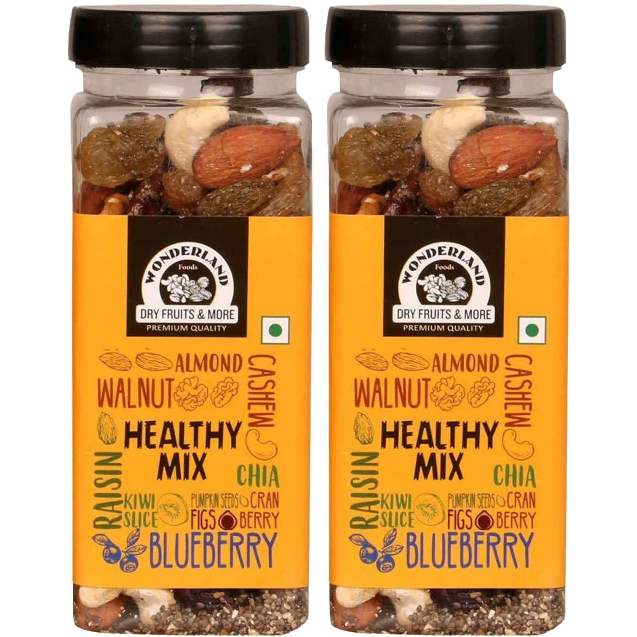Wonderland Foods Premium Healthy Mix 400g (200gX2) Jar | 10 in 1 Pack Contains Blueberries, Cranberries, Dried Anjeer, Dried Kiwi, Chia Seeds, Pumpkin Seeds, Almonds, Cashews, Raisins, Walnut