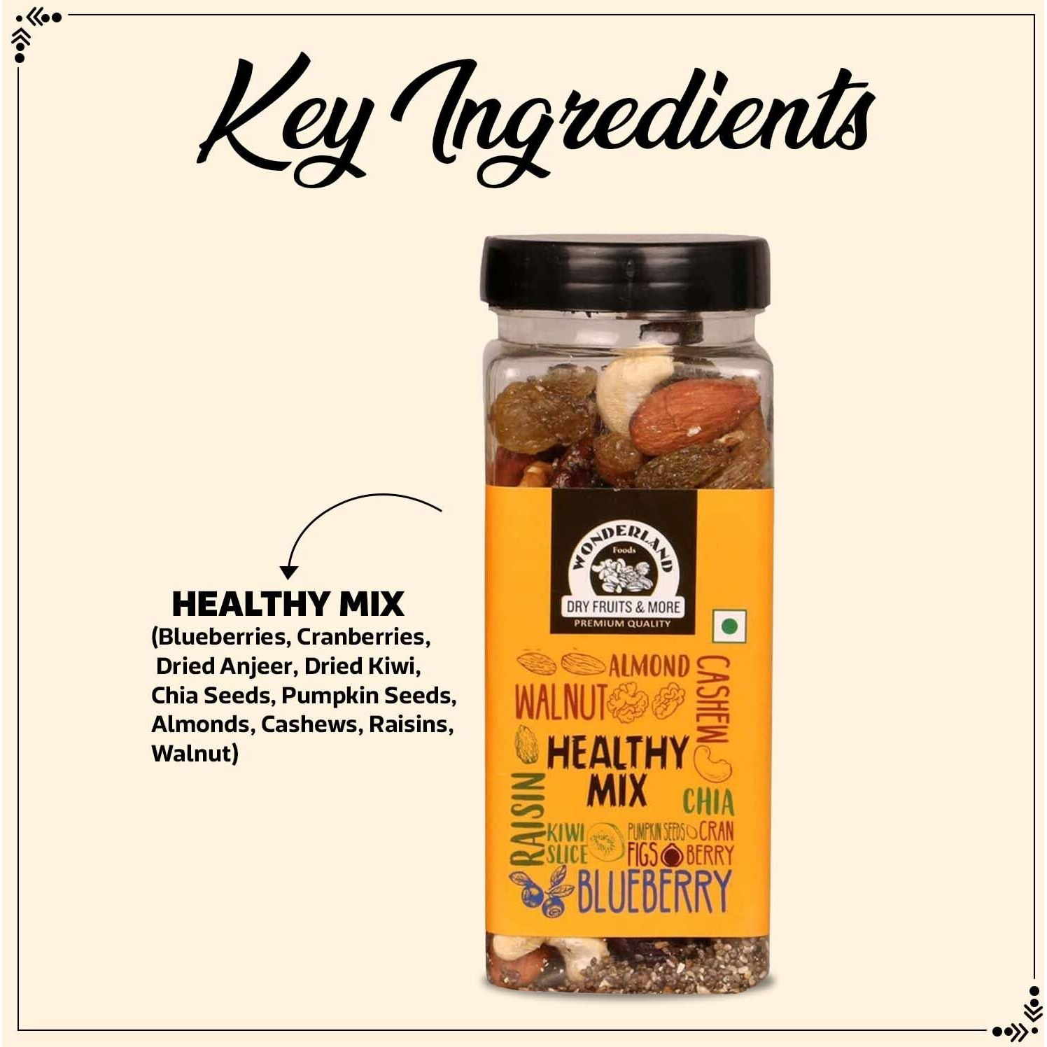 Wonderland Foods Premium Healthy Mix 400g (200gX2) Jar | 10 in 1 Pack Contains Blueberries, Cranberries, Dried Anjeer, Dried Kiwi, Chia Seeds, Pumpkin Seeds, Almonds, Cashews, Raisins, Walnut
