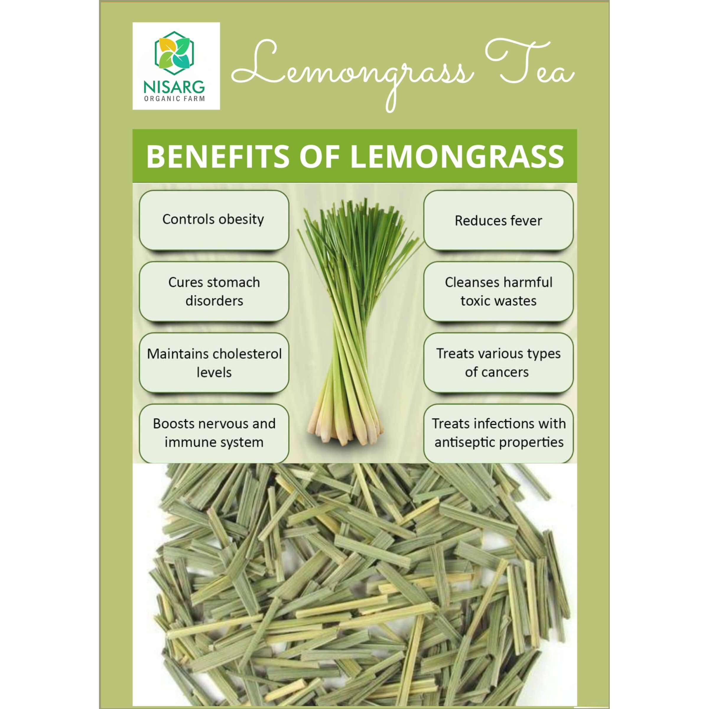 NISARG ORGANIC FARM Lemon Grass I Pure Natural and Organic I Whole Loose Green Dried Leaves I for Immune System and Weight Management I Use in Cooking & making Herbal Tea, Soups, Salad (500g)