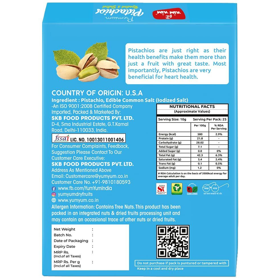 YUM YUM Premium California Roasted & Salted Pistachios 100g| Pista Dry Fruit| Tasty & Healthy| High in Protein & Dietary Fiber | Gluten Free & Low Calorie Nuts