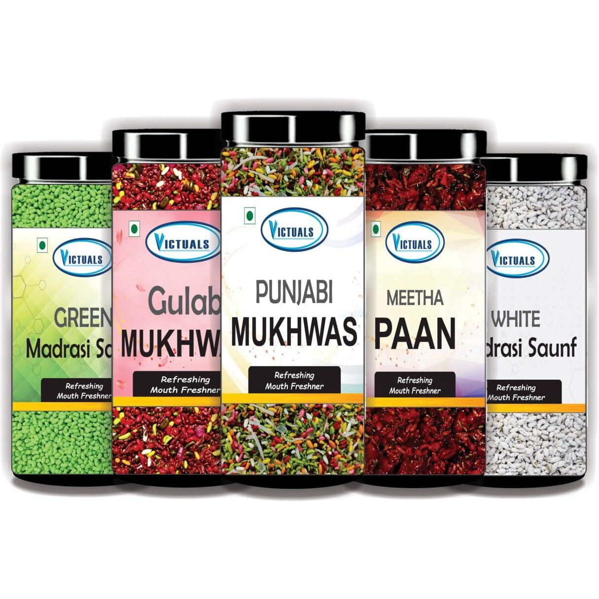 Victuals Green Madrasi Saunf, Gulab Mukhwas, Punjab Mukhwas, Meetha Paan, White Madrasi Saunf Mouth Freshners (500gm, Pack of 5)