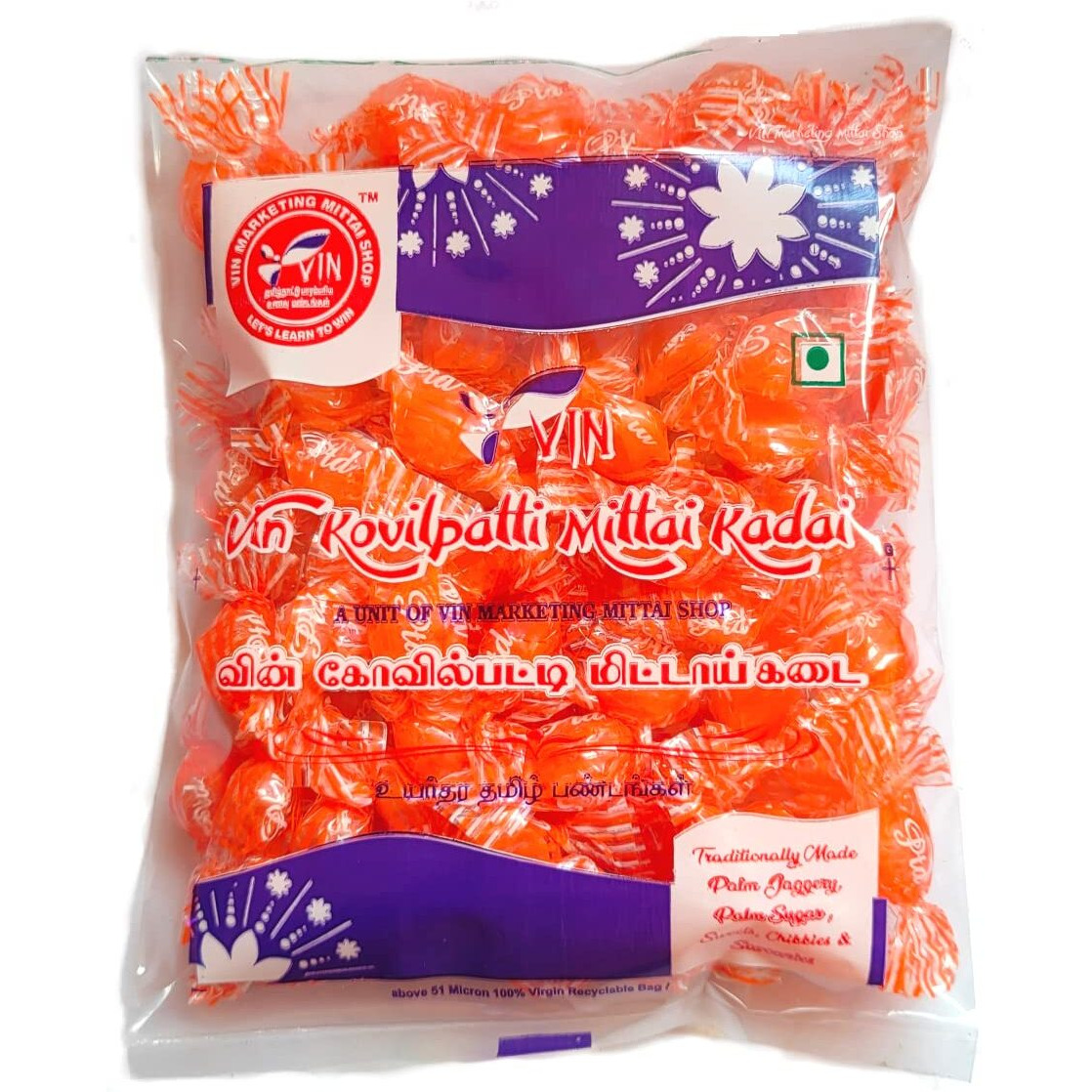 VIN - Pulippu Mittai - Sour Candy - Traditional Orange Candy - Pack of 100 x 2 (200 units)