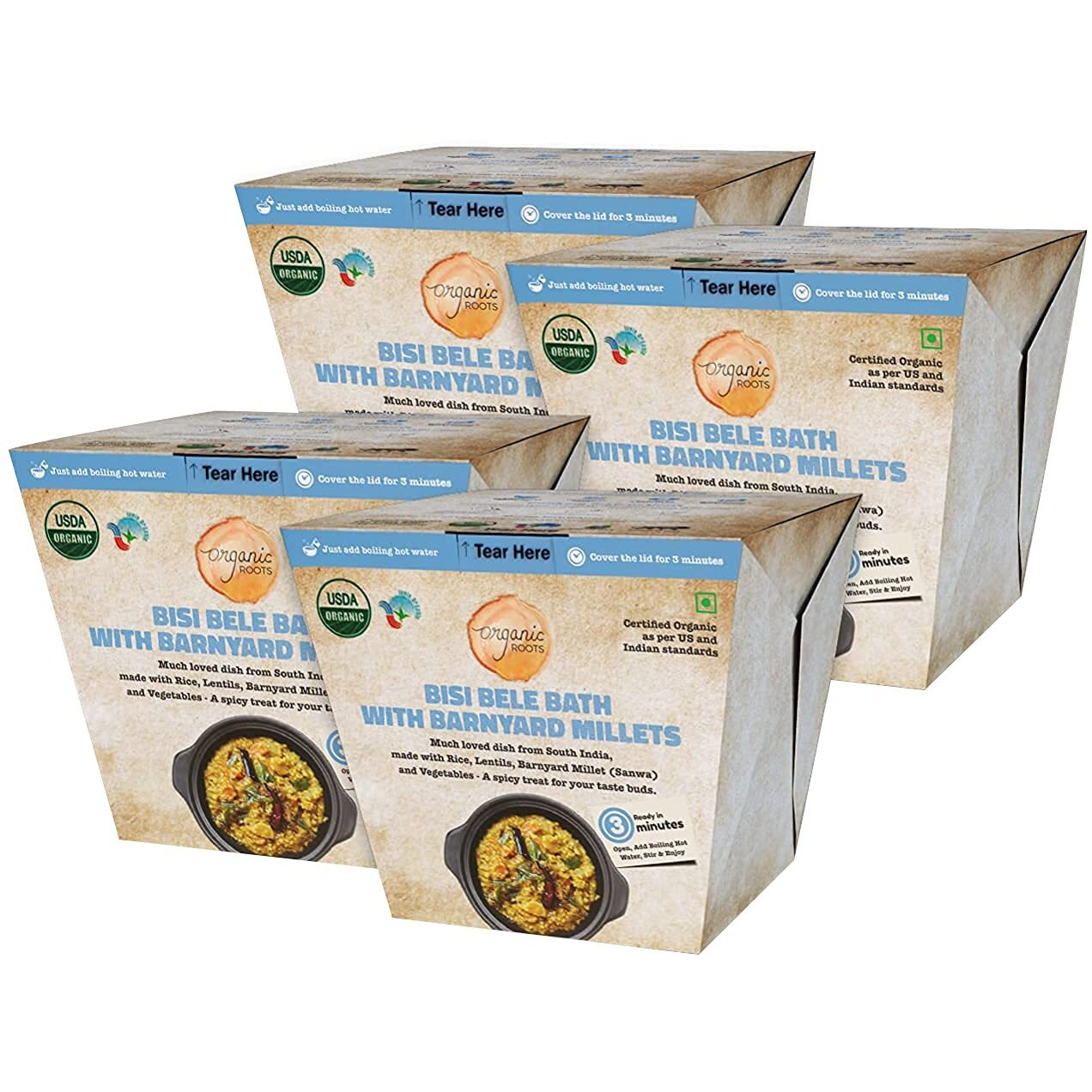 Organic Roots Bisi BeLe Bath with Barnyard Millets, Instant Food, Healthy Food, Ready to Eat Full Meal, No MSG, No Preservatives, 55 Gm (Pack of 4)