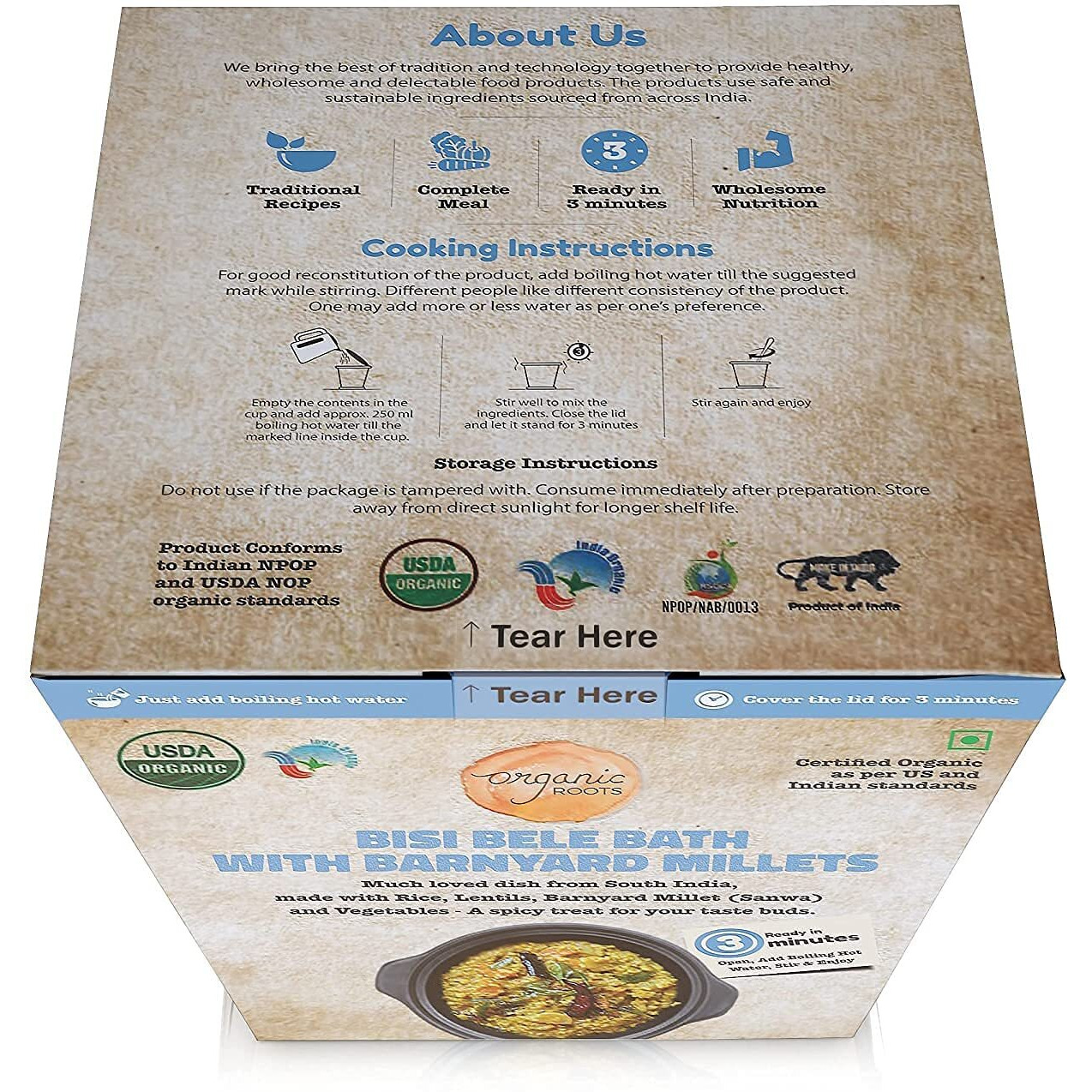 Organic Roots Bisi BeLe Bath with Barnyard Millets, Instant Food, Healthy Food, Ready to Eat Full Meal, No MSG, No Preservatives, 55 Gm (Pack of 4)