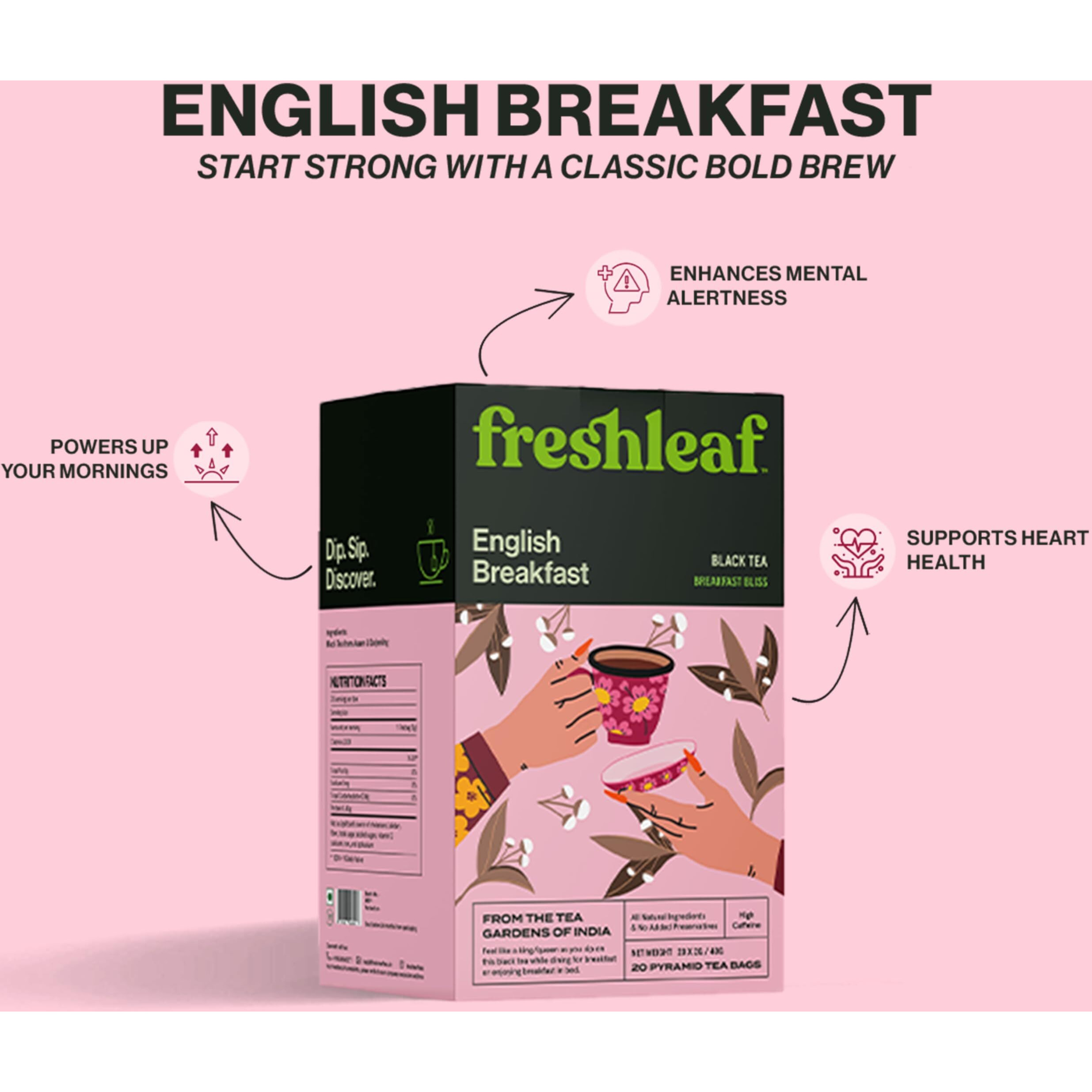 FRESHLEAF English Breakfast Premium Black Tea Made With Finest Tea Leaves from the State of Assam, Premium Black Tea, Rich Flavour, 100% Whole Long Leaf, 40 Pyramid Tea Bags, 80 Grams
