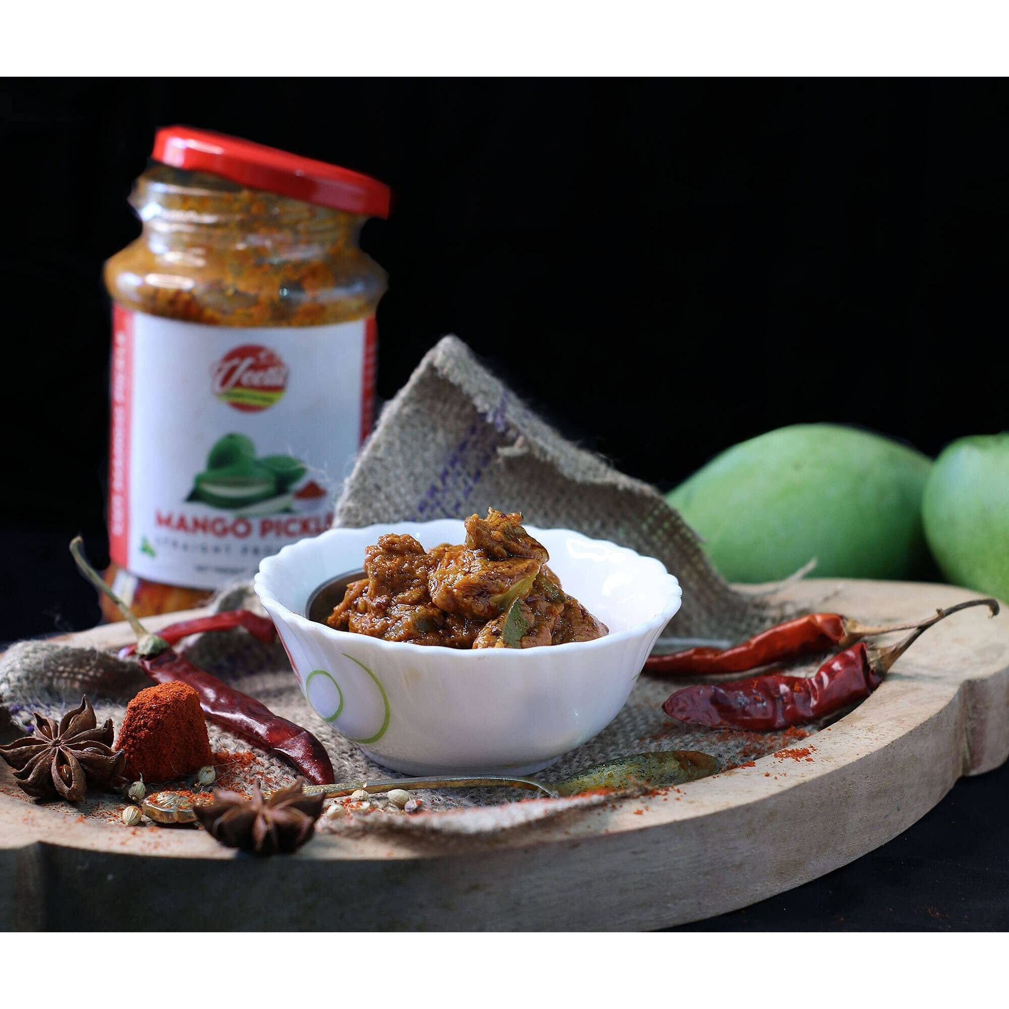 Veetil Mango Pickle Homemade Fresh Aam Ka Aachar Glass Jar 350g - Mothers Recipe | Organic South Indian Pickles | Dry Cut Mangoes | Traditional Home Made Achaar