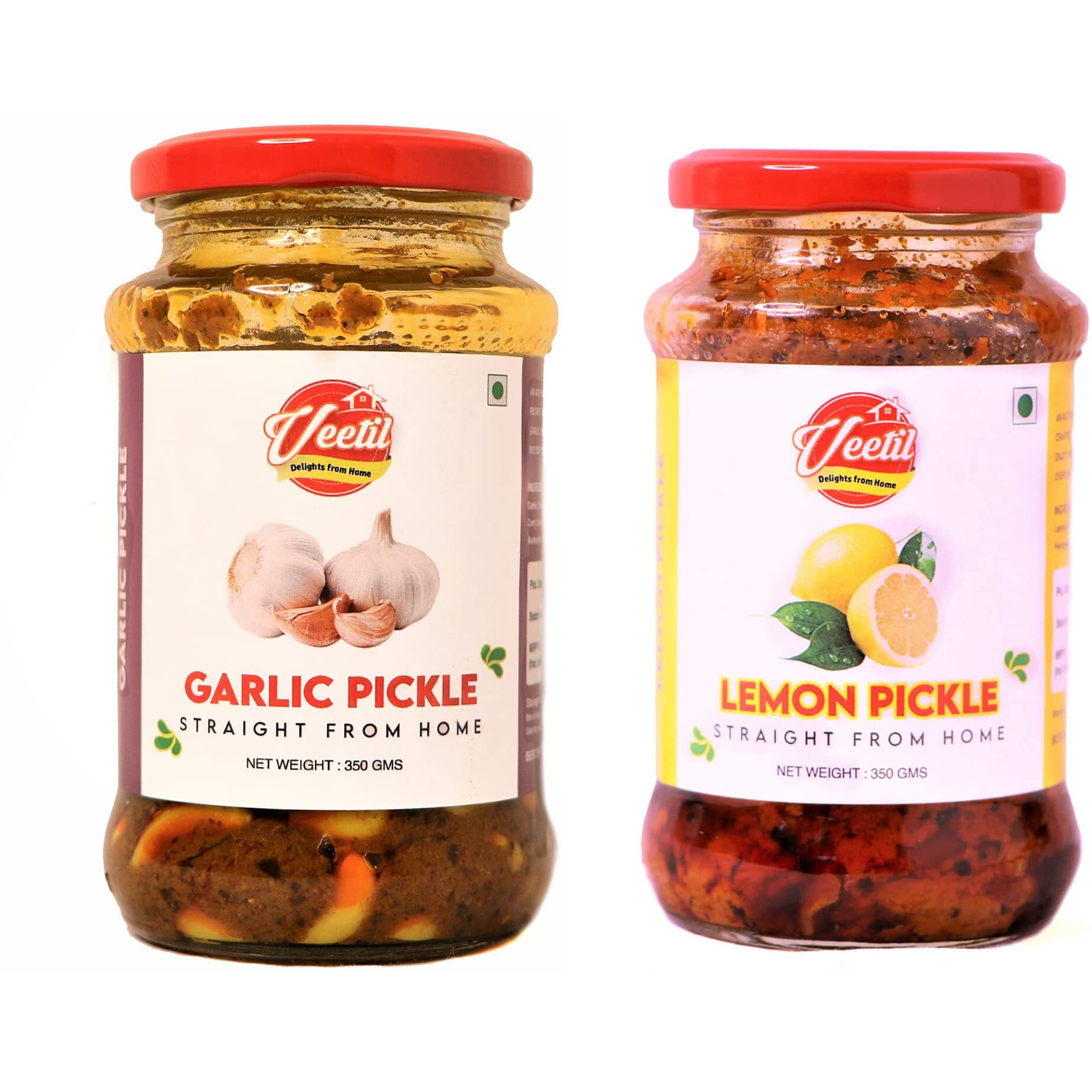 Veetil Garlic Pickle + Lemon Pickle Combo Pack - Homemade Nimbu + Lasoon Ka Aachar 350g (2 bottles)