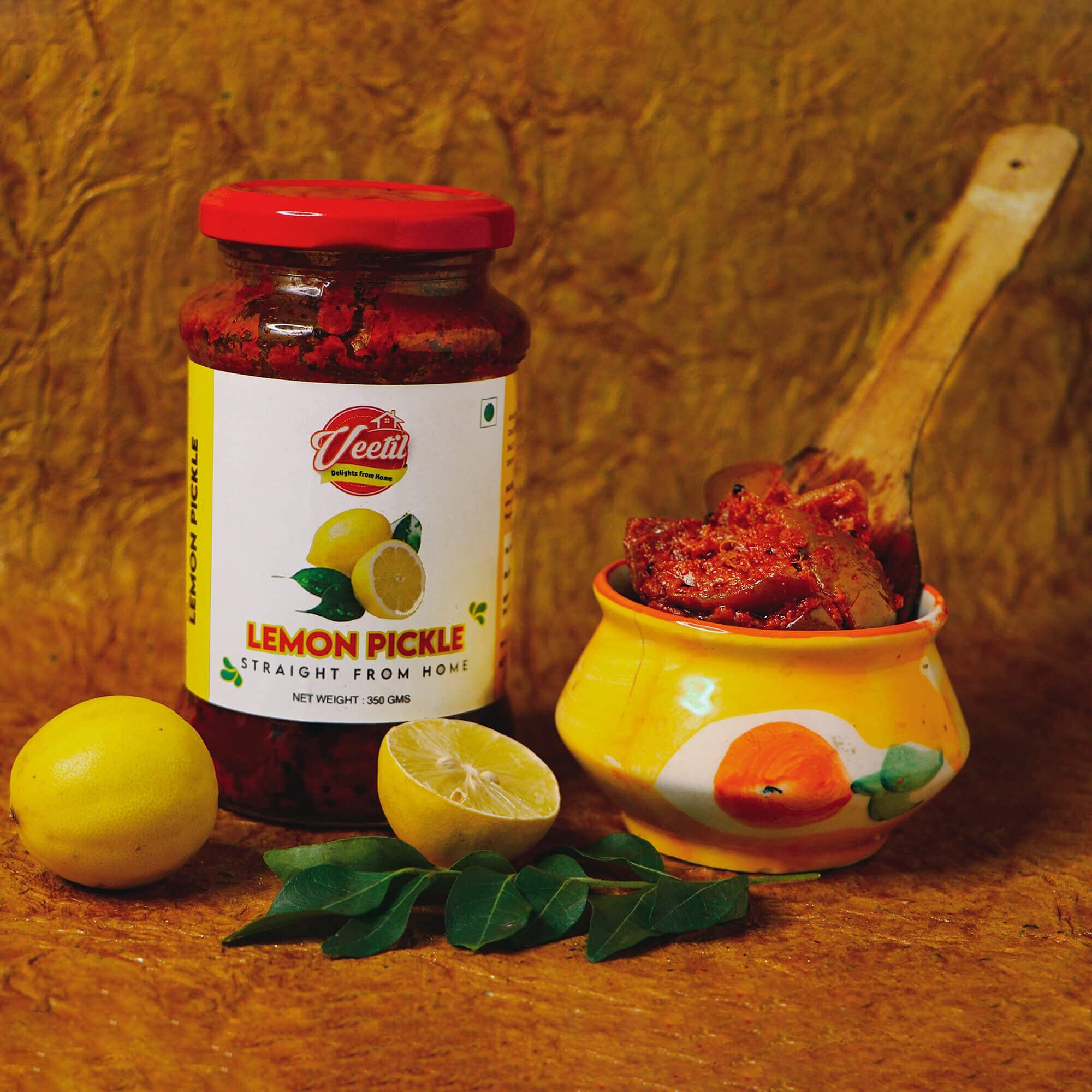 Veetil Garlic Pickle + Lemon Pickle Combo Pack - Homemade Nimbu + Lasoon Ka Aachar 350g (2 bottles)