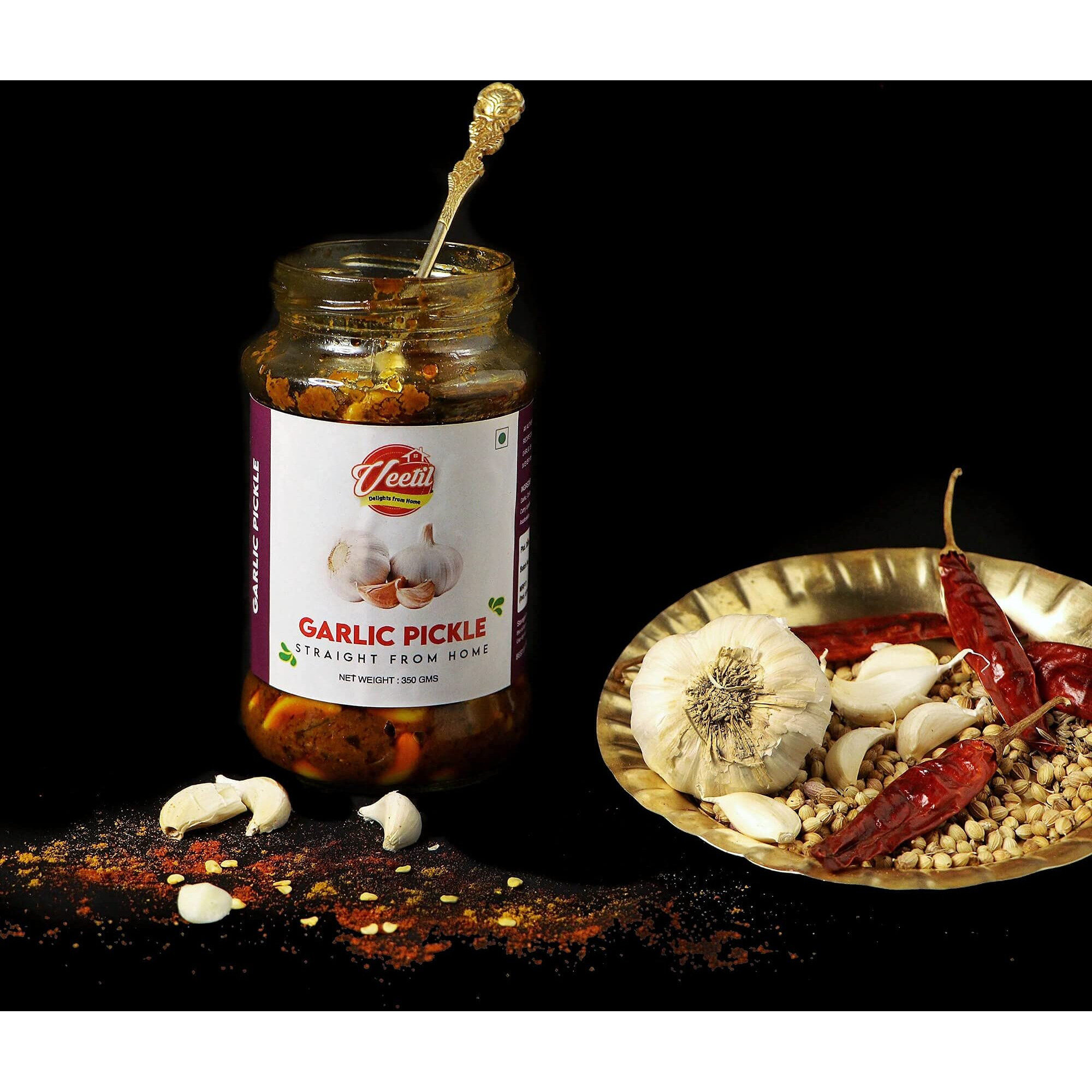 Veetil Garlic Pickle + Lemon Pickle Combo Pack - Homemade Nimbu + Lasoon Ka Aachar 350g (2 bottles)