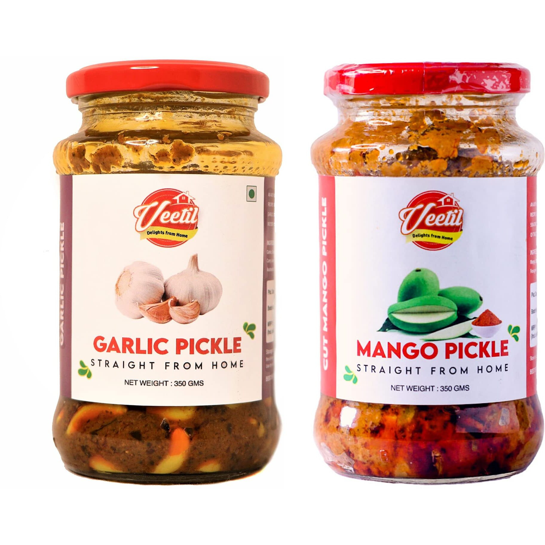 Veetil Mango Pickle + Garlic Pickle Combo Pack - Homemade Lasoon + Aam Ka Aachar 350g (2 bottles)