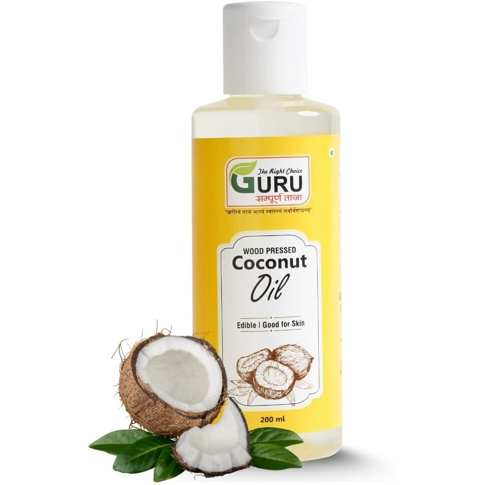 GURU Wood Pressed Coconut Oil - 200 ml | Kolhu/Kacchi Ghani | Natural | Chemical-Free | A1 grade real | Wood Pressed | Cold Pressed Coconut Oil for Cooking & Multipurpose Usage