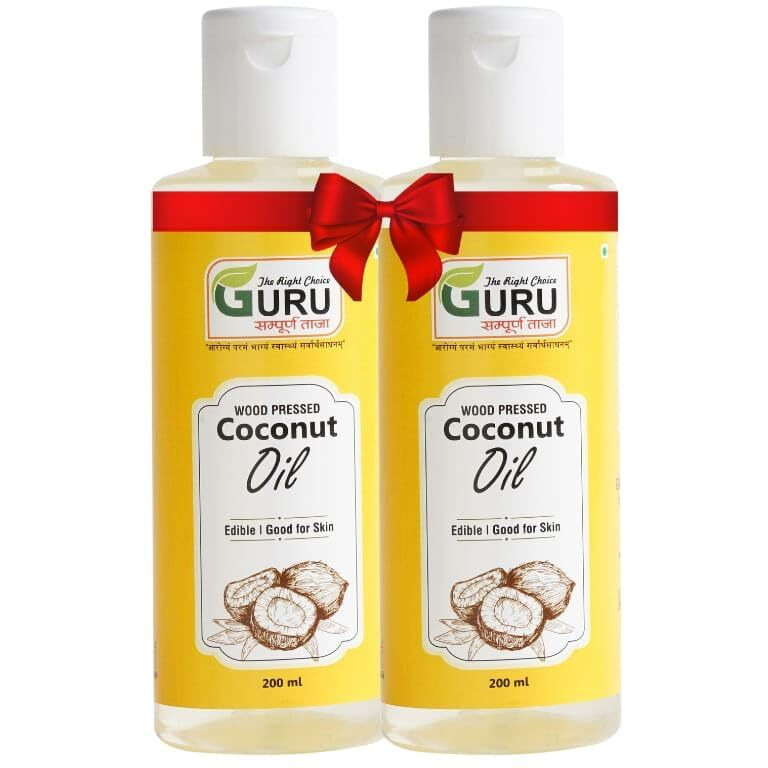 GURU Wood Pressed Coconut Oil - 400 ml | Kolhu/Kacchi Ghani | Natural | Chemical-Free | A1 grade real | Wood Pressed | Cold Pressed Coconut Oil for Cooking & Multipurpose Usage