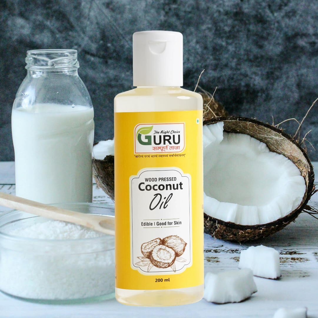 GURU Wood Pressed Coconut Oil - 400 ml | Kolhu/Kacchi Ghani | Natural | Chemical-Free | A1 grade real | Wood Pressed | Cold Pressed Coconut Oil for Cooking & Multipurpose Usage
